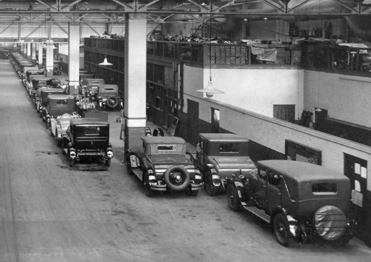 Inside the Willys Overland Crossley plant, Heaton Chapel, Stockport, UK circa 1930