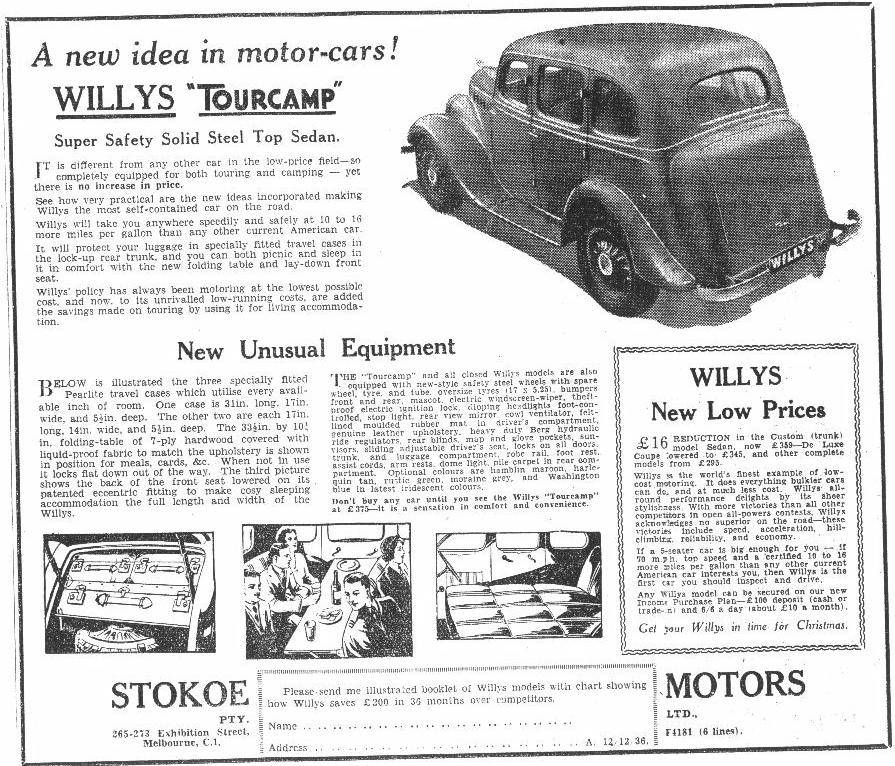 1936 Willys Sedan Newspaper Advertisement - Australia