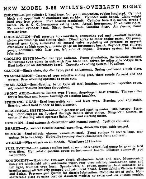 1932 Willys Sedan Model 8-88 Specifications