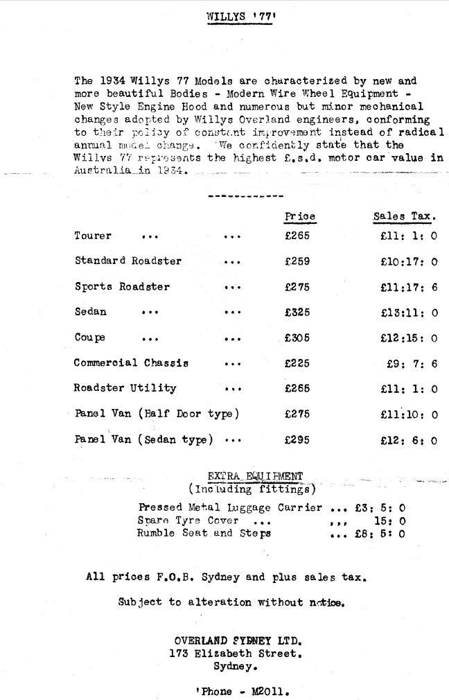 1934 Willys Model 77 Price List - Australia