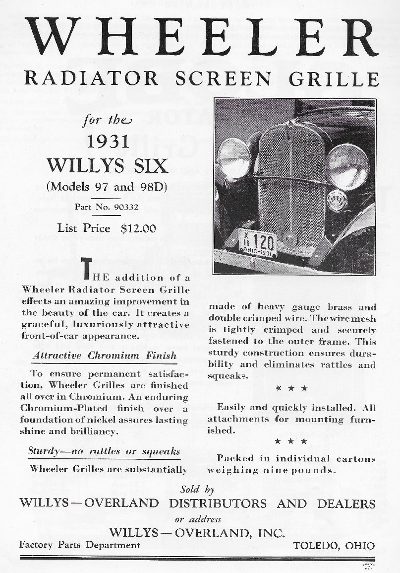 1931 Willys Model 97/98D Radiator Screen - USA