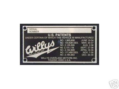 1937 - 1941 Willys Serial Number / Patent Tag